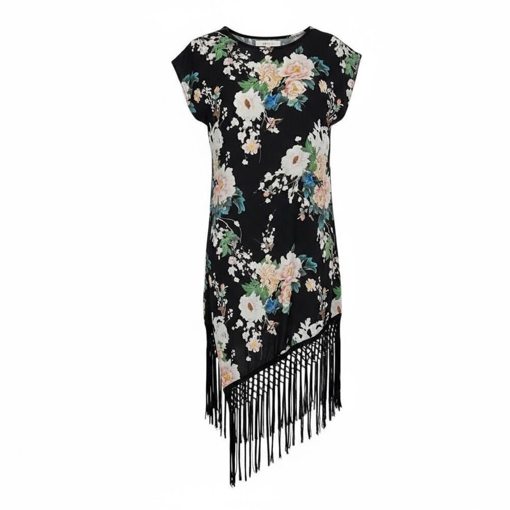 Urban Renewal Floral V-neck Asymmetric Fringe Hem Midi Dress Black Multi S/M